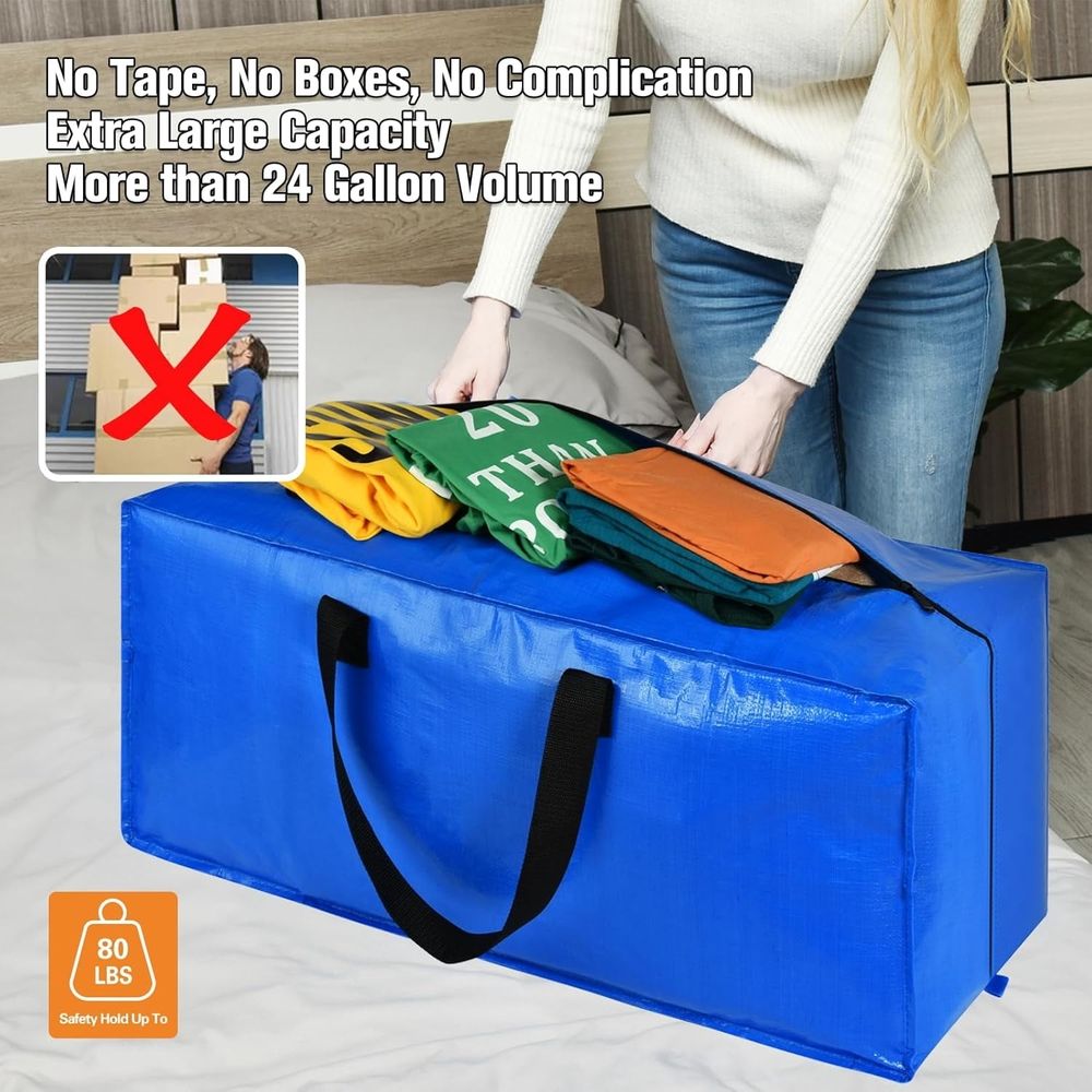 4 Pack Extra Large Moving Bags, Heavy Duty Blue Moving Tote Bags with Zippers & Carrying Handles, Clothes Storage Bags for Space Saving, Moving