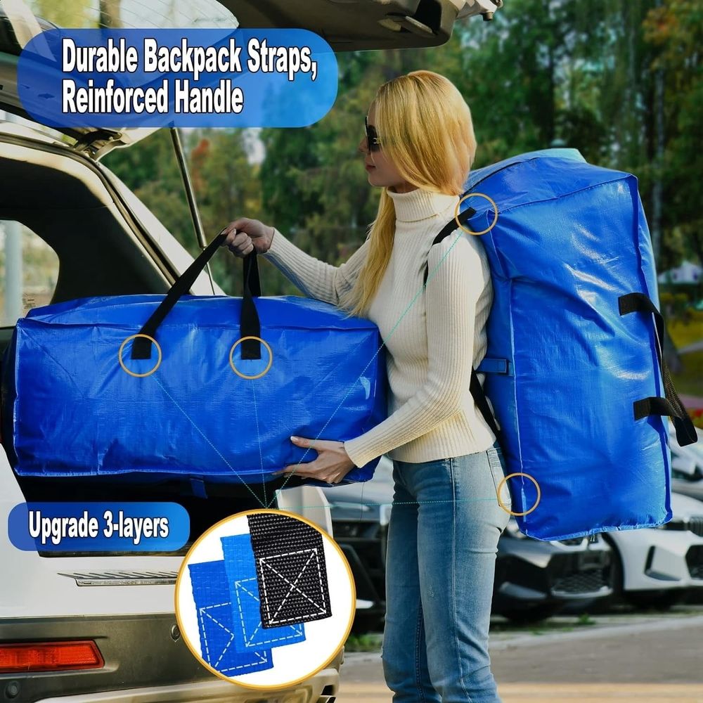 4 Pack Extra Large Moving Bags, Heavy Duty Blue Moving Tote Bags with Zippers & Carrying Handles, Clothes Storage Bags for Space Saving, Moving