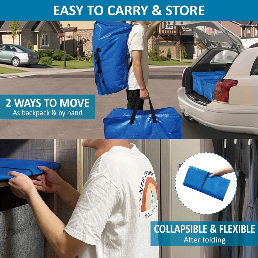 4 Pack Extra Large Moving Bags, Heavy Duty Blue Moving Tote Bags with Zippers & Carrying Handles, Clothes Storage Bags for Space Saving, Moving