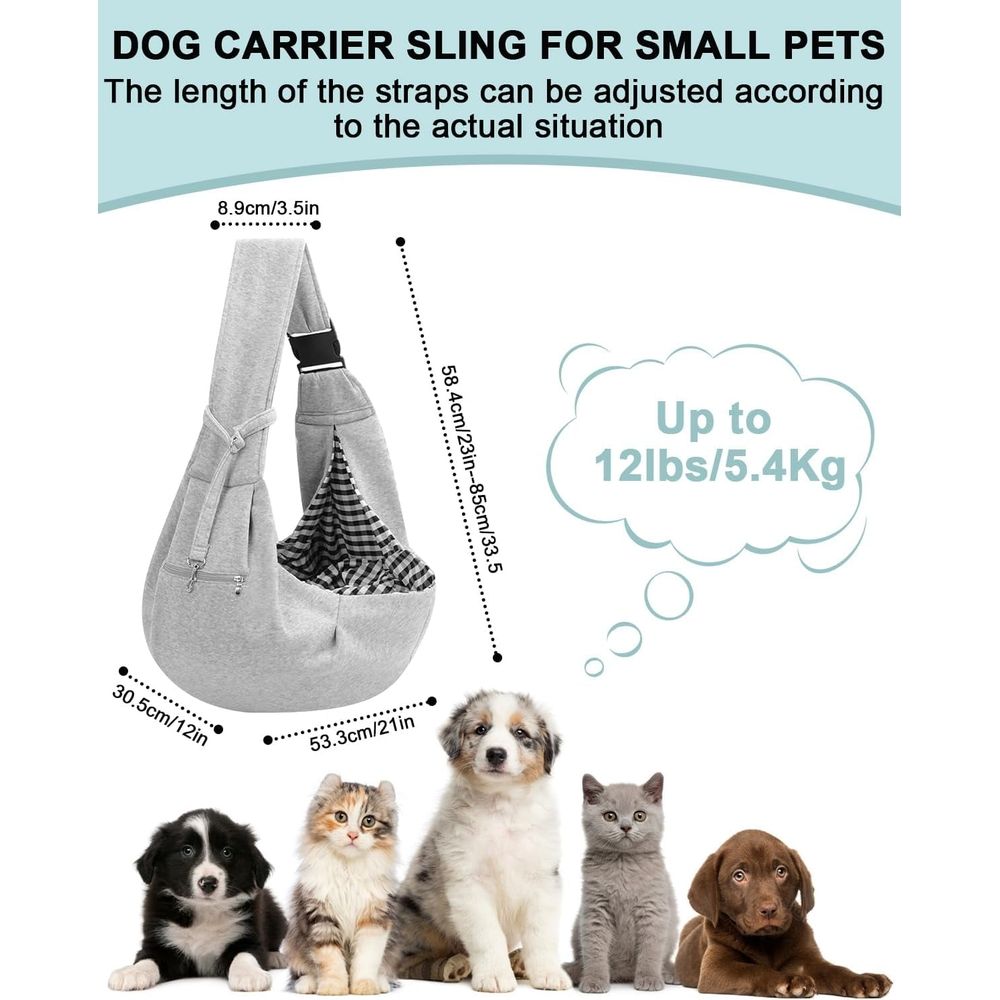 Dog Carrier Sling for Small Dogs and Cats(0 to 12 lbs), Puppy Sling Carrier with Adjustable Strap, Travel Safety Harness, Hands-Free Pet Carring Holder Travel Bag for Outdoor, Gray