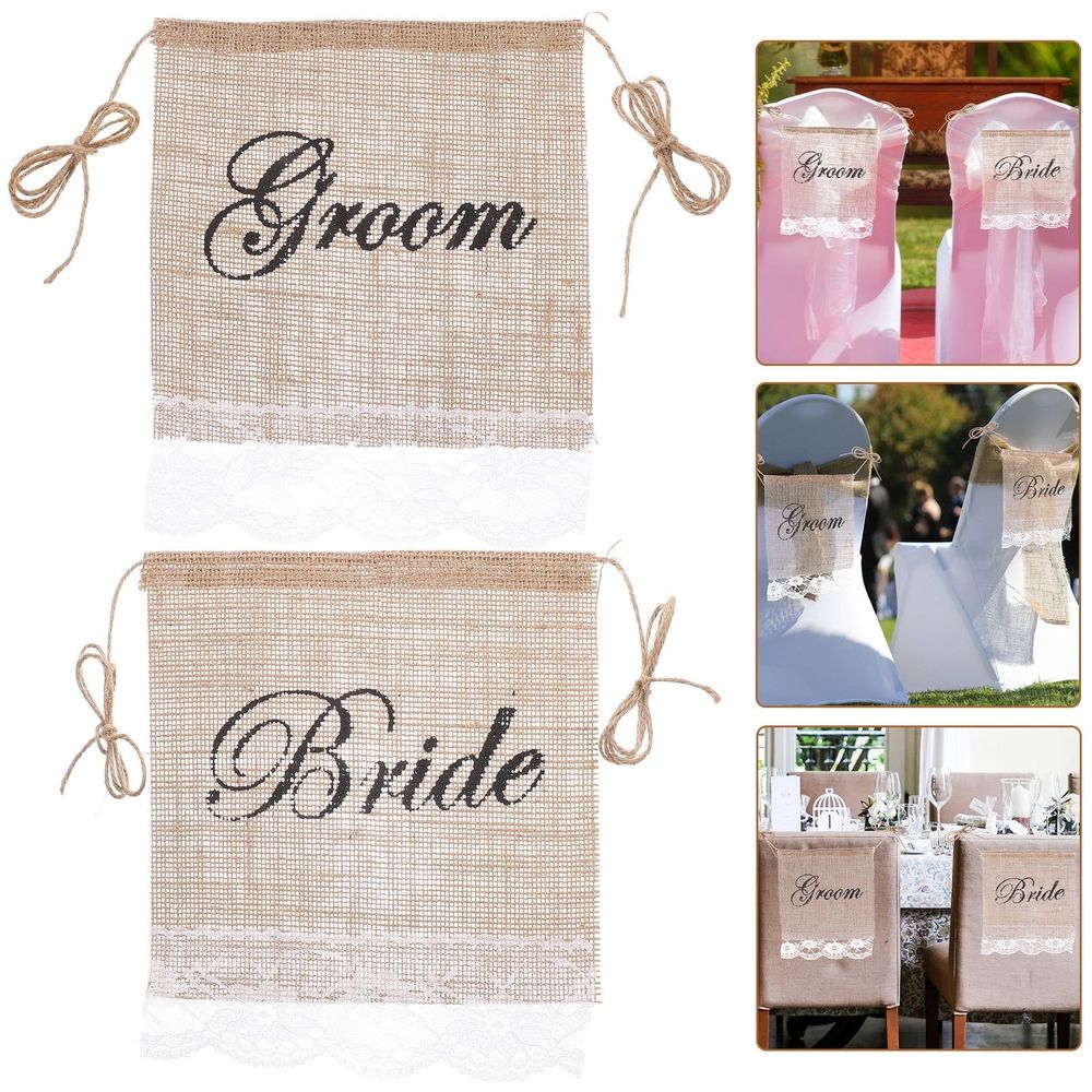 2pcs Hessian Chair Banner Wedding Decor Bride and Groom Rustic