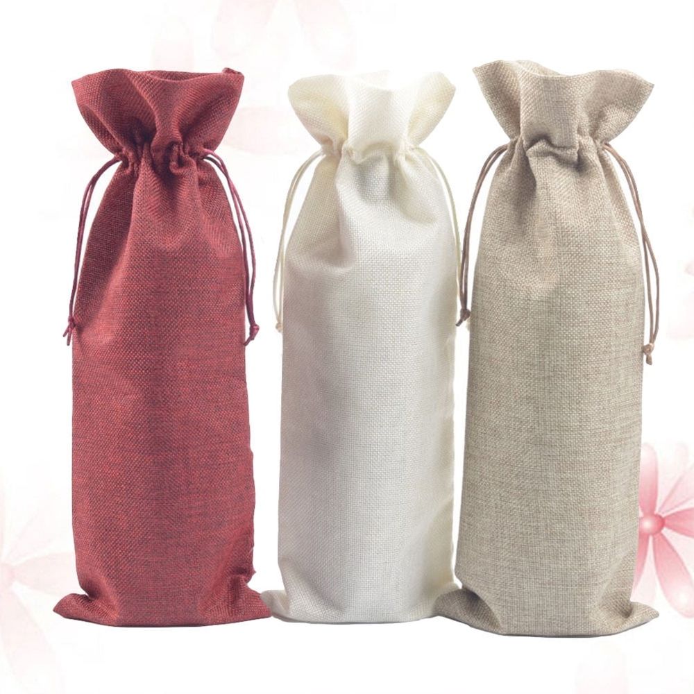 Set of 3 Jute Wine Bottle Bags with Rectangular Shape for Travel, Storage, and Packaging