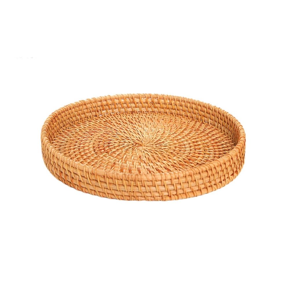 Round Rattan Serving Tray with Handles,1 Hand Woven Basket, Home Decor Organizer Tray for Breakfast, Tea, Snack, Fruit, Coffee, Storage (9inchX9*1.2inch)