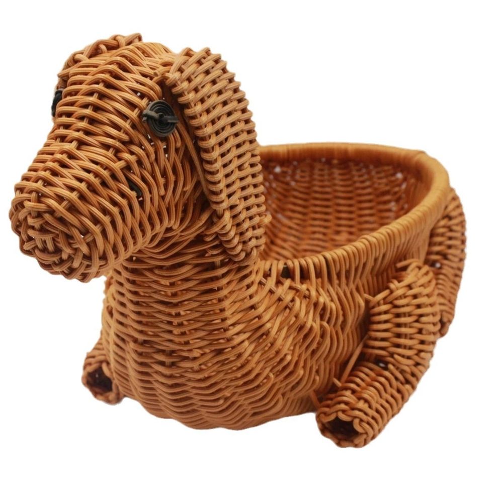 Woven Dog Shaped Storage Basket with Imitation Rattan Design, Cute Organizing Bin for Small Items Desk Decor, Multi Functional Decorative Container (Brown)