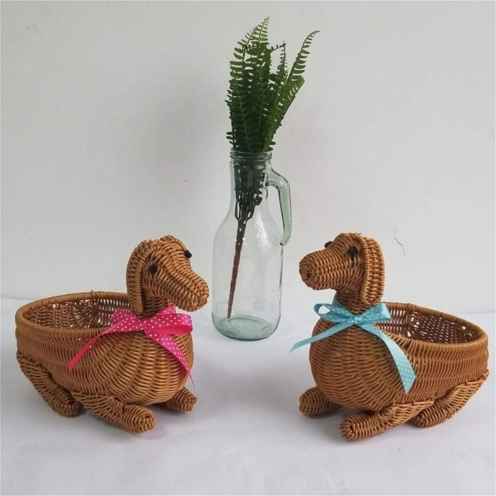 Woven Dog Shaped Storage Basket with Imitation Rattan Design, Cute Organizing Bin for Small Items Desk Decor, Multi Functional Decorative Container (Brown)