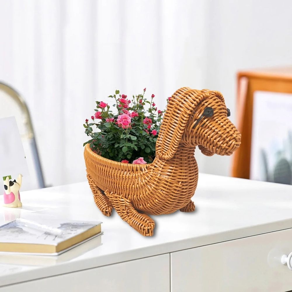 Woven Dog Shaped Storage Basket with Imitation Rattan Design, Cute Organizing Bin for Small Items Desk Decor, Multi Functional Decorative Container (Brown)