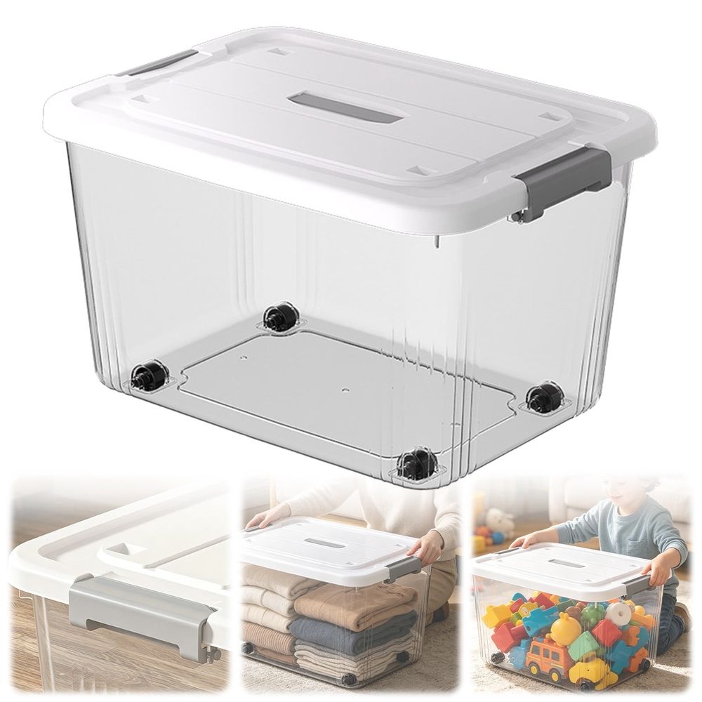 Extra Large Plastic Storage Container with Rolling Wheels, Heavy Duty Organizer Box for Garage Home, Portable Stackable Bin (Clear, 45x33cm)