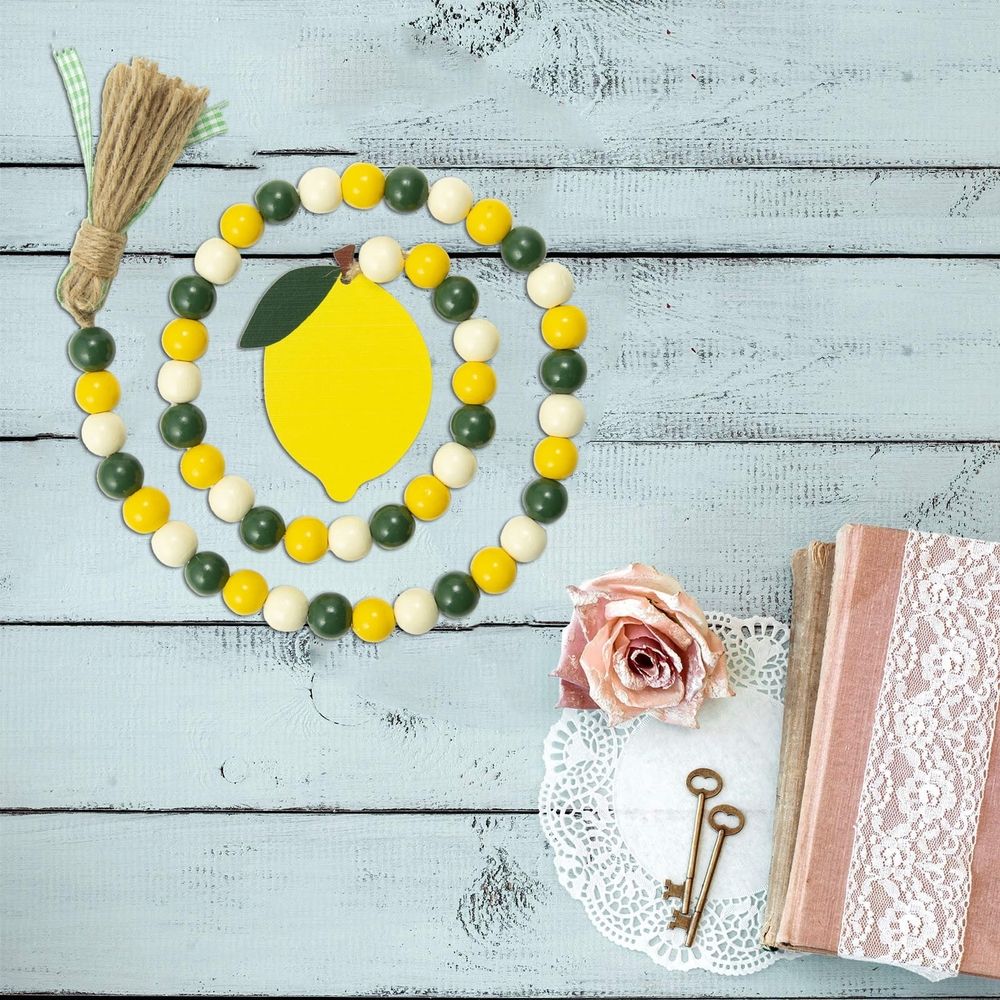 Lemon Wood Bead Garland With Tassels Farmhouse Rustic Lemonade Bead Garland With Lemonade Sign Summer Lemonade Slice Tiered Tray Decor Prayer Boho Bead For Home Tabletop Decor,Yellow