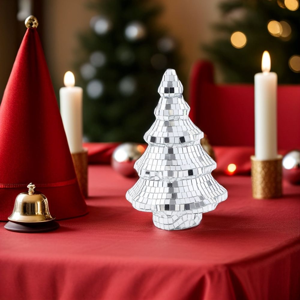 Silver Tabletop Christmas Tree with Reflective Disco Balls for Parties
