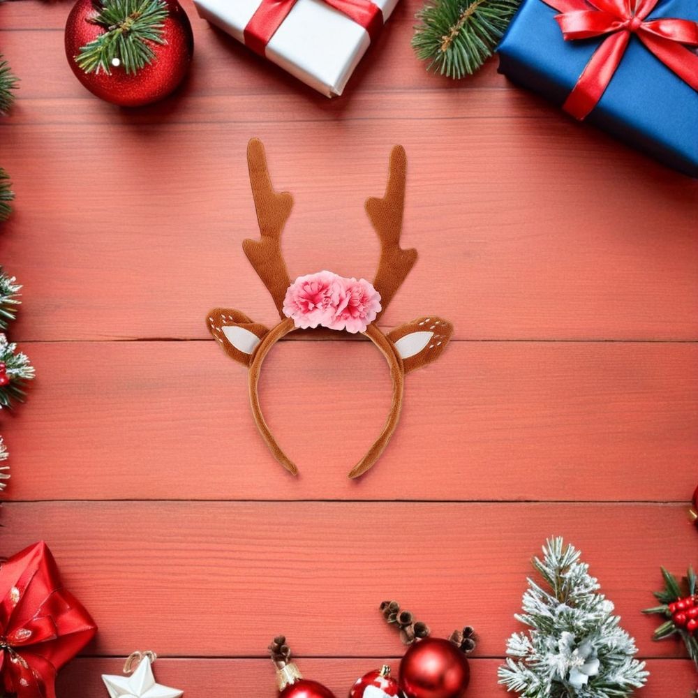 Reindeer Antlers Headband with Ears and Floral Accents, Christmas Party Costume Accessory for Women and Girls
