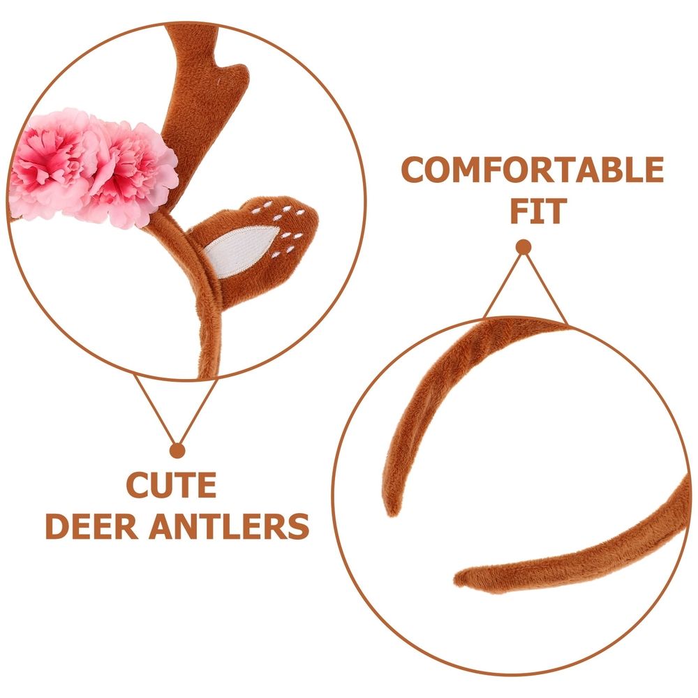 Reindeer Antlers Headband with Ears and Floral Accents, Christmas Party Costume Accessory for Women and Girls