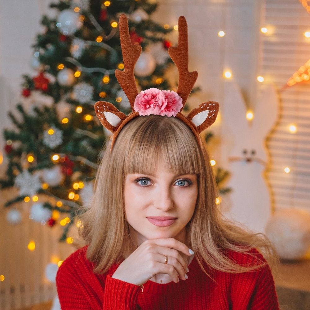 Reindeer Antlers Headband with Ears and Floral Accents, Christmas Party Costume Accessory for Women and Girls