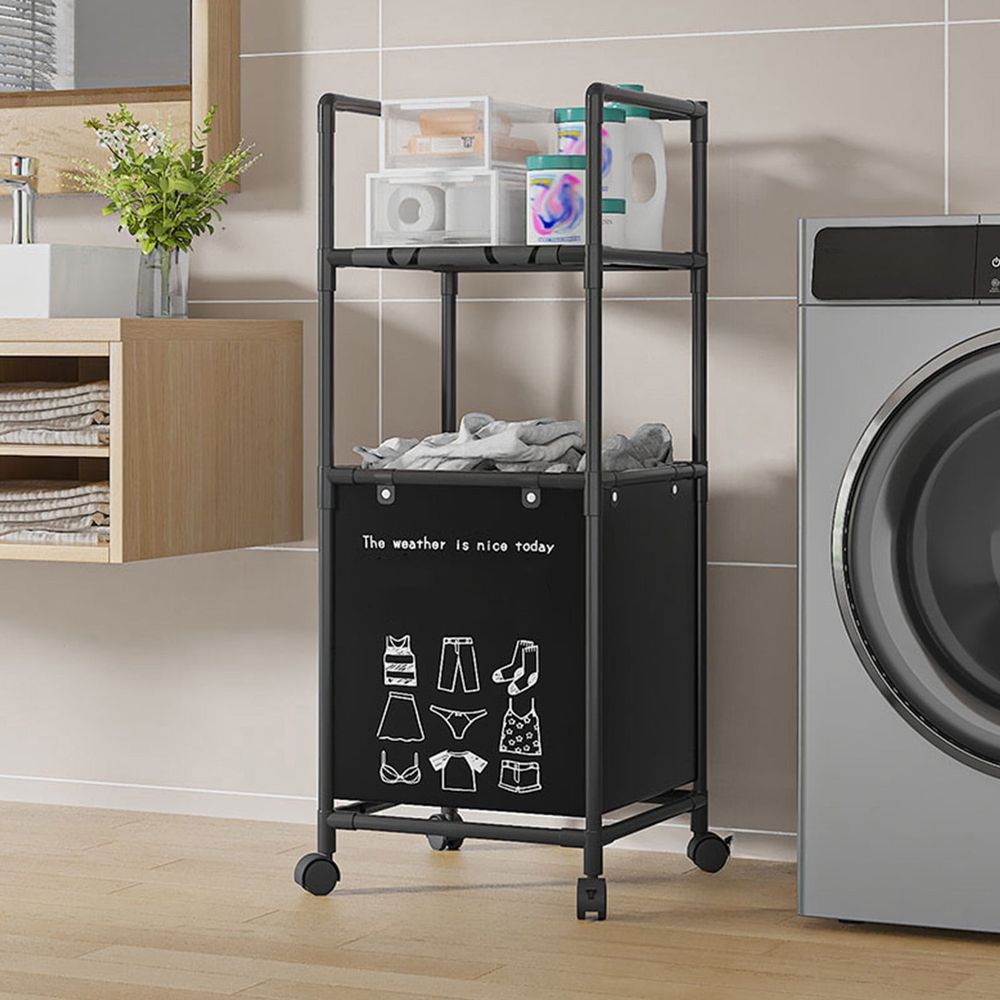 2-Tier Laundry Room Shelves with Storage Drawer with Wheels, Adjustable-Shelf Storage Rack, Metal Industrial Unit Rack, Floor Standing Laundry Organizer for Narrow Space with Wheels(Black)