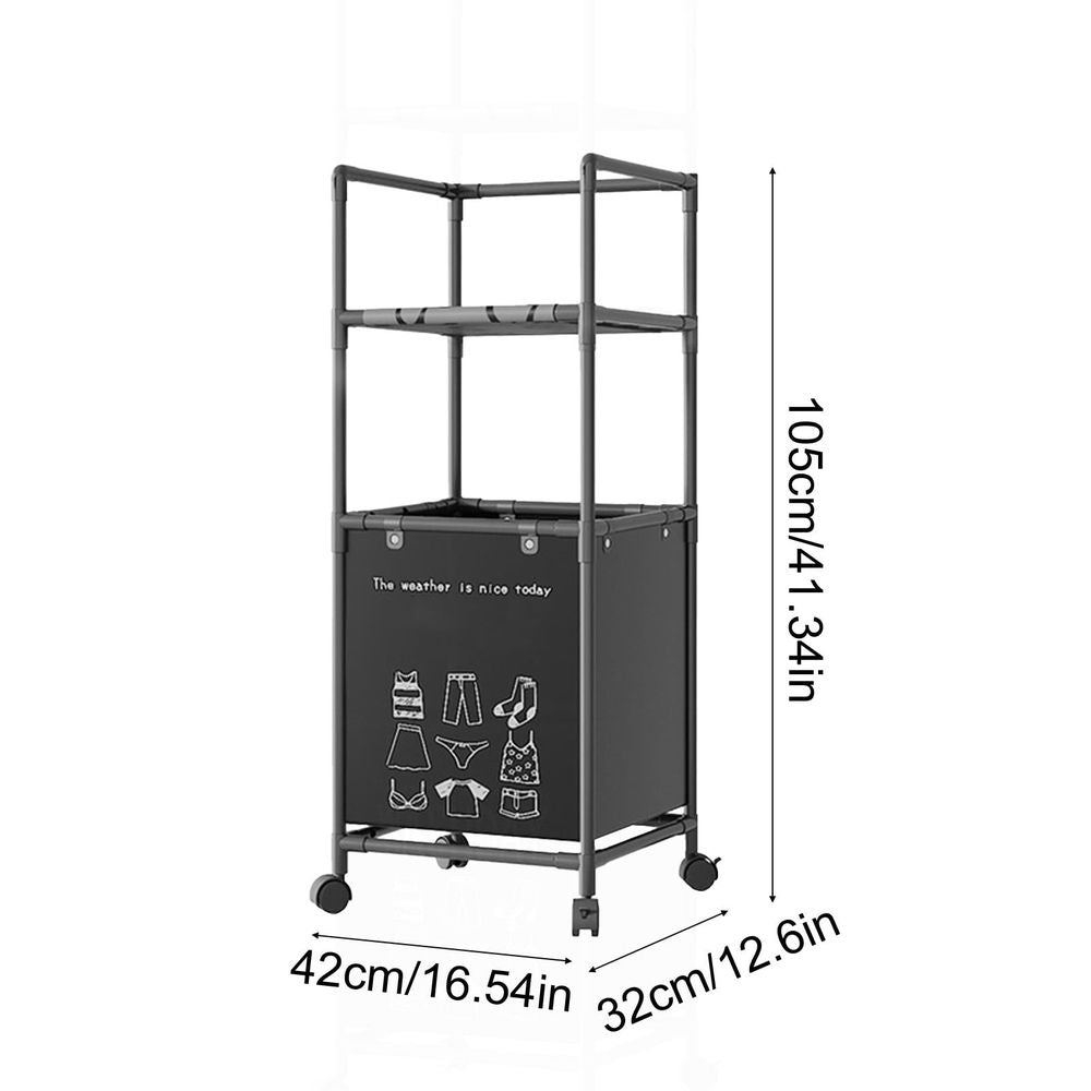 2-Tier Laundry Room Shelves with Storage Drawer with Wheels, Adjustable-Shelf Storage Rack, Metal Industrial Unit Rack, Floor Standing Laundry Organizer for Narrow Space with Wheels(Black)