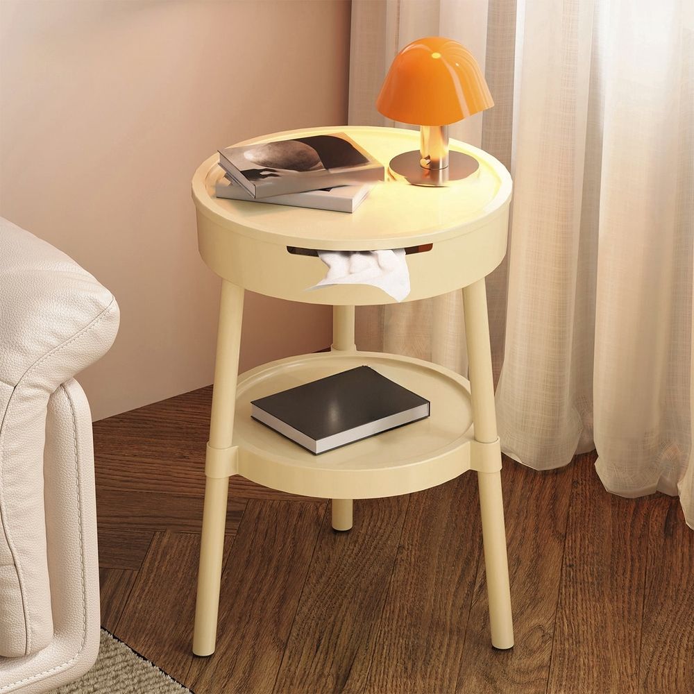 Modern Side Table with Drawer, Multifunctional 2 Tier End Table with Shelf, Wood Grain Nightstand with Storage for Living Room, Bedroom, Office, Dorm