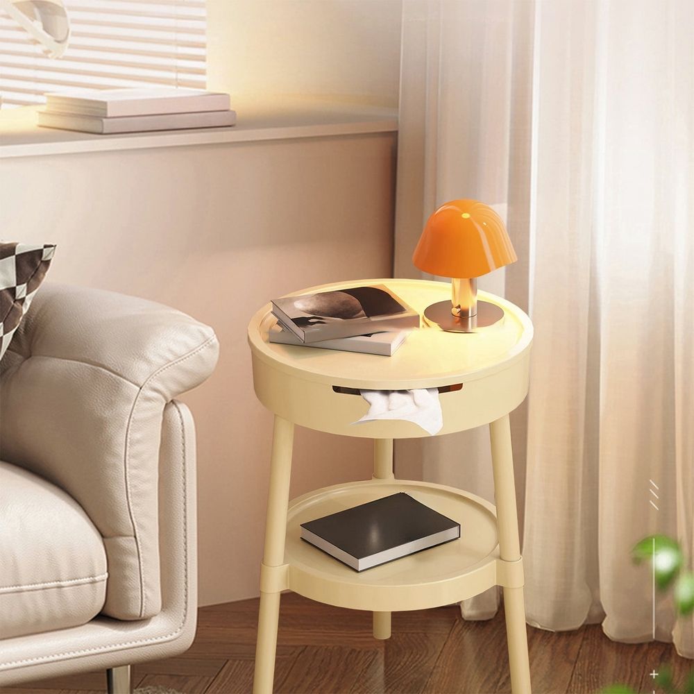 Modern Side Table with Drawer, Multifunctional 2 Tier End Table with Shelf, Wood Grain Nightstand with Storage for Living Room, Bedroom, Office, Dorm