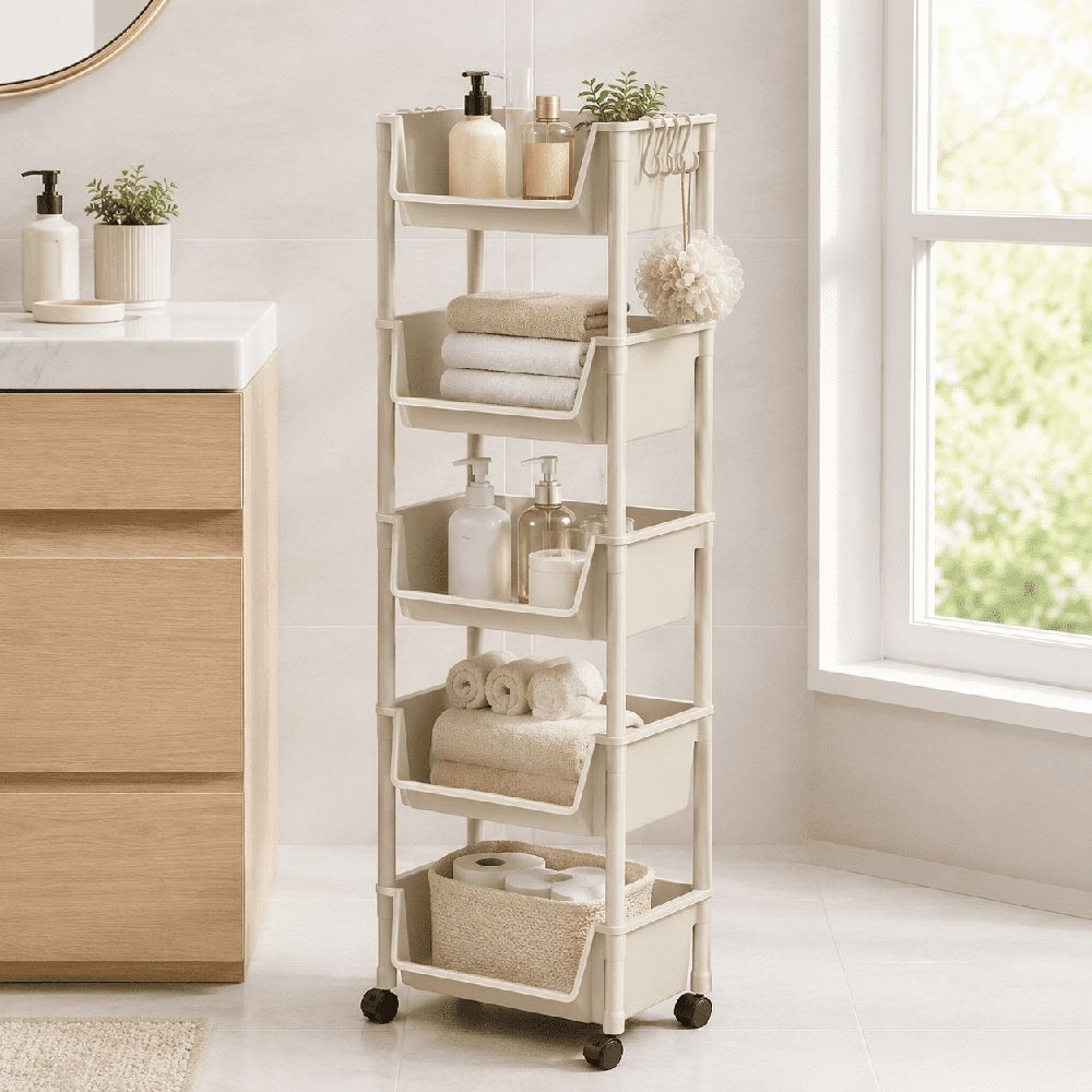 5-Tier Rolling Utility Cart,Multifunctional Storage Organizer with Plastic Shelf & Metal Wheels,Storage Cart for Kitchen,Bathroom,Living Room,Office,White