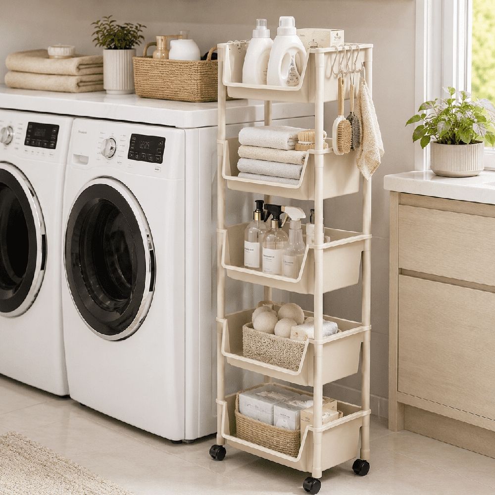 5-Tier Rolling Utility Cart,Multifunctional Storage Organizer with Plastic Shelf & Metal Wheels,Storage Cart for Kitchen,Bathroom,Living Room,Office,White