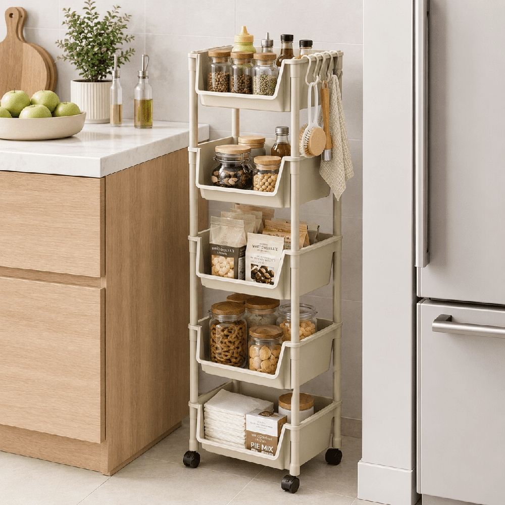 5-Tier Rolling Utility Cart,Multifunctional Storage Organizer with Plastic Shelf & Metal Wheels,Storage Cart for Kitchen,Bathroom,Living Room,Office,White