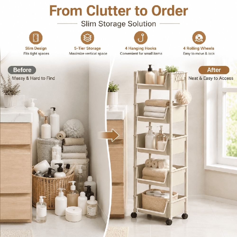 5-Tier Rolling Utility Cart,Multifunctional Storage Organizer with Plastic Shelf & Metal Wheels,Storage Cart for Kitchen,Bathroom,Living Room,Office,White