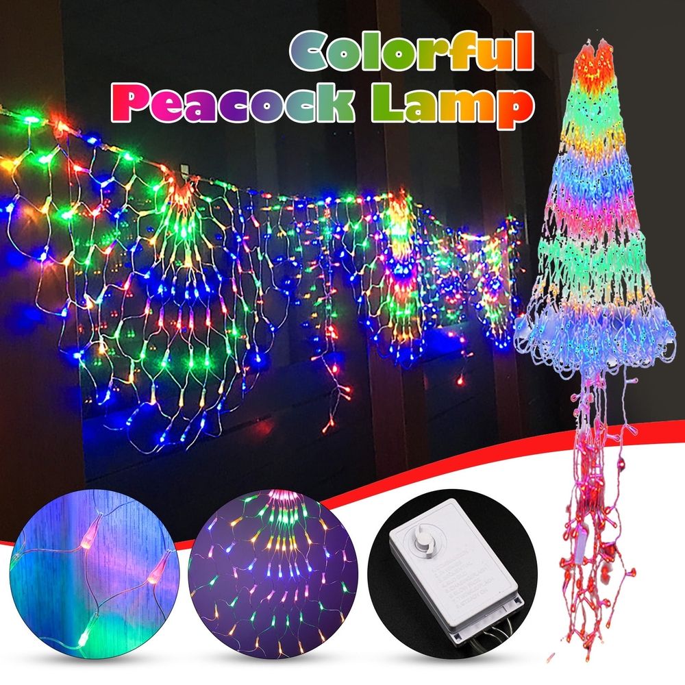 LED Peacock Net Lights Fishing Net Lights Christmas Decorative Lanter Lights Outdoor rainproof for Festive Tree Garden Party Decorations