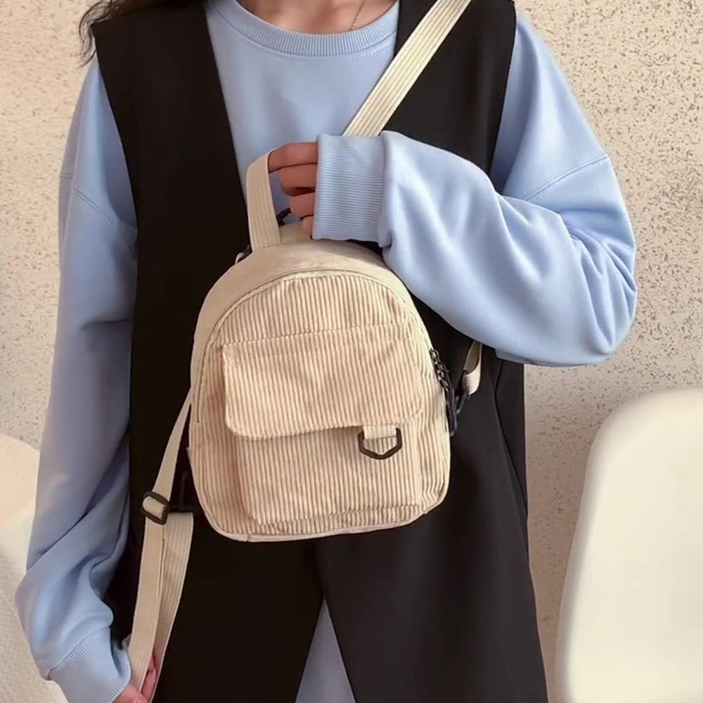 Mini Backpack for Women, Corduroy Backpack, Women Travel Corduroy Bag, Adjustable Shoulder Strap Backpack, Casual Daypack, White
