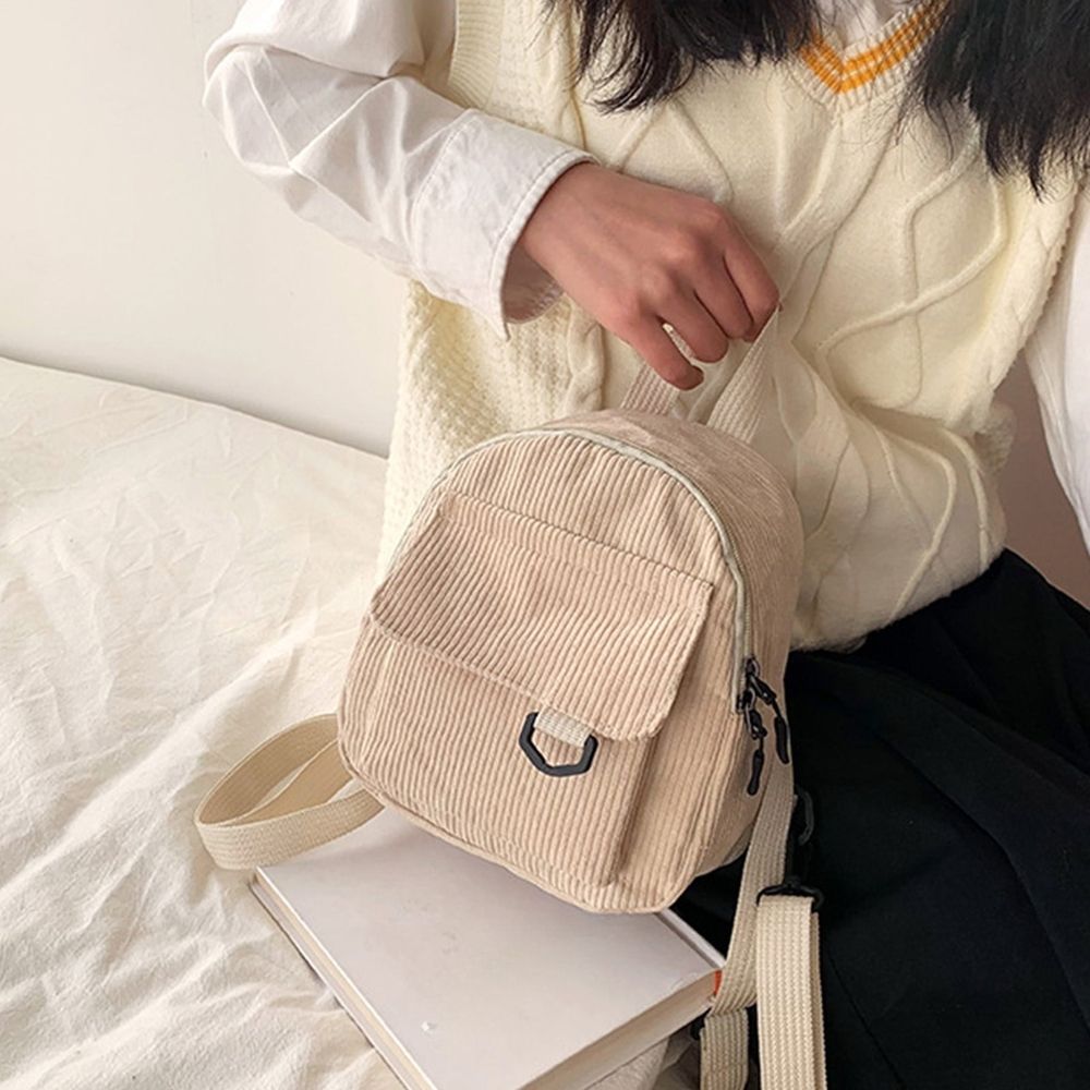 Mini Backpack for Women, Corduroy Backpack, Women Travel Corduroy Bag, Adjustable Shoulder Strap Backpack, Casual Daypack, White