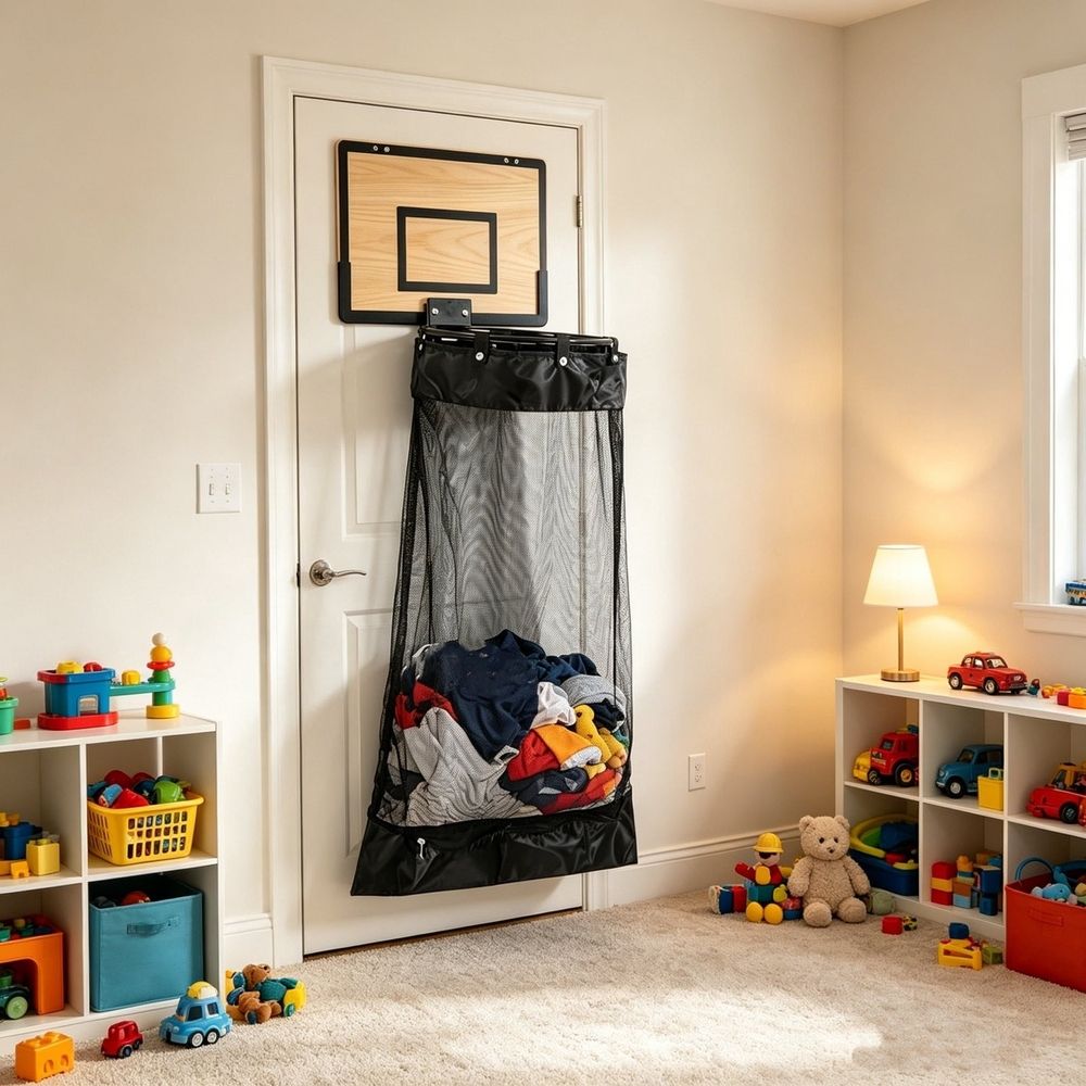 Over The Door Basketball Laundry Hamper, Mesh Hanging Clothes Basket with Wood Grain Backboard, Large Capacity Storage Organizer for Bedroom, Bathroom, Dorm