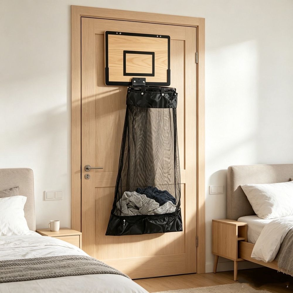Over The Door Basketball Laundry Hamper, Mesh Hanging Clothes Basket with Wood Grain Backboard, Large Capacity Storage Organizer for Bedroom, Bathroom, Dorm