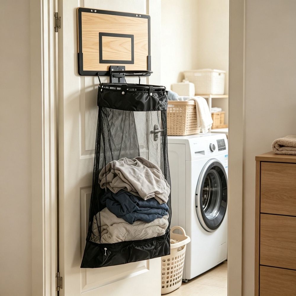 Over The Door Basketball Laundry Hamper, Mesh Hanging Clothes Basket with Wood Grain Backboard, Large Capacity Storage Organizer for Bedroom, Bathroom, Dorm