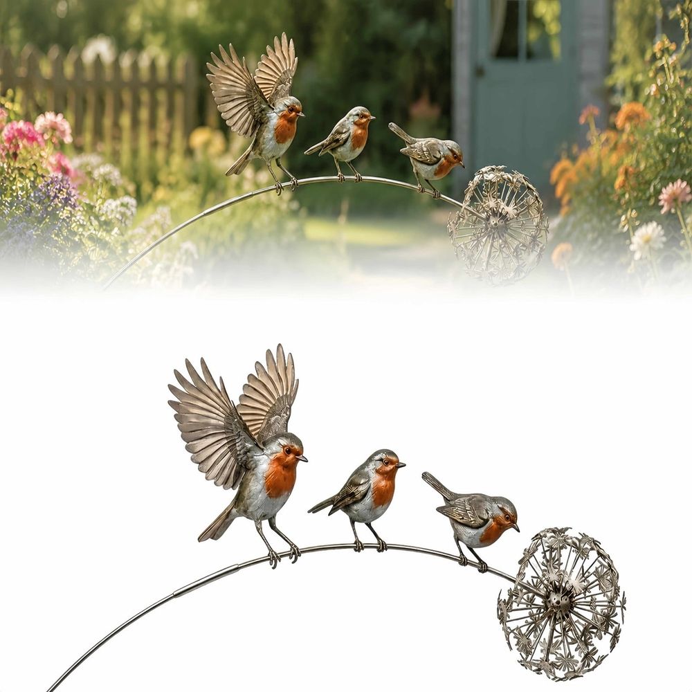 Robin Garden Stake, Metal Bird Yard Art with Dandelion, Rustproof Iron Outdoor Decoration for Flower Pots and Garden Beds, Weather Resistant Bird Sculpture for Patio and Lawn