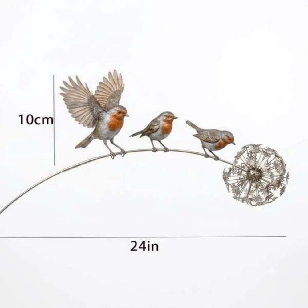 Robin Garden Stake, Metal Bird Yard Art with Dandelion, Rustproof Iron Outdoor Decoration for Flower Pots and Garden Beds, Weather Resistant Bird Sculpture for Patio and Lawn