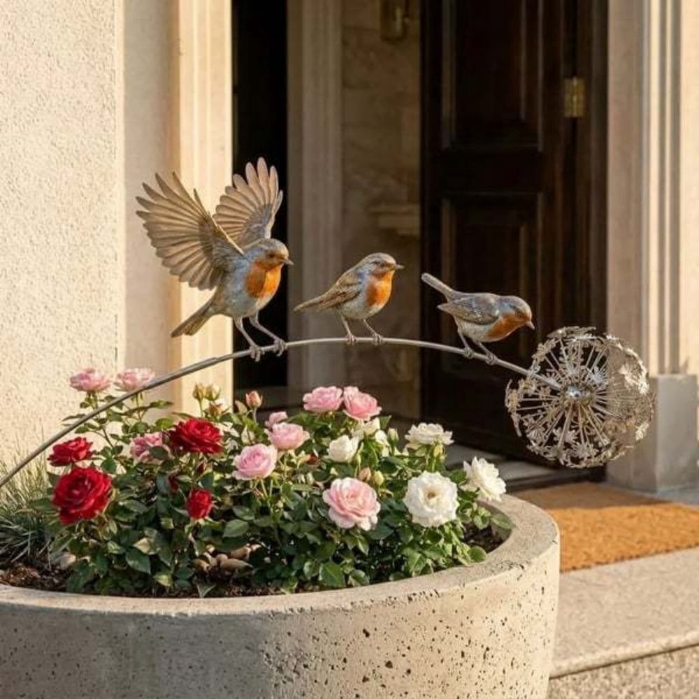 Robin Garden Stake, Metal Bird Yard Art with Dandelion, Rustproof Iron Outdoor Decoration for Flower Pots and Garden Beds, Weather Resistant Bird Sculpture for Patio and Lawn