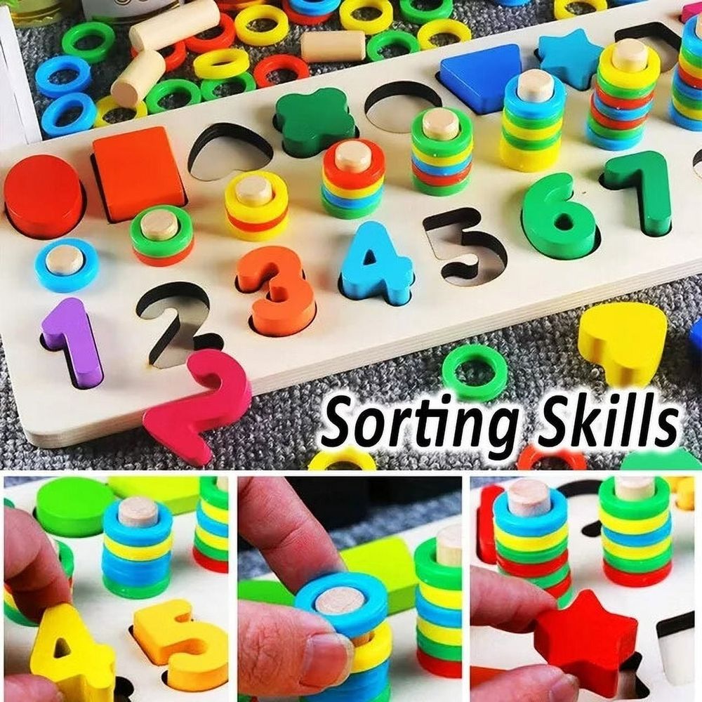 Wooden Number Puzzle for Boys or Girls - Montessori Toys for Boys or Girls Learning- Wooden Counting Blocks Sorting Toys Shape Block Educational Toys Preschool Activities Stacking Toy