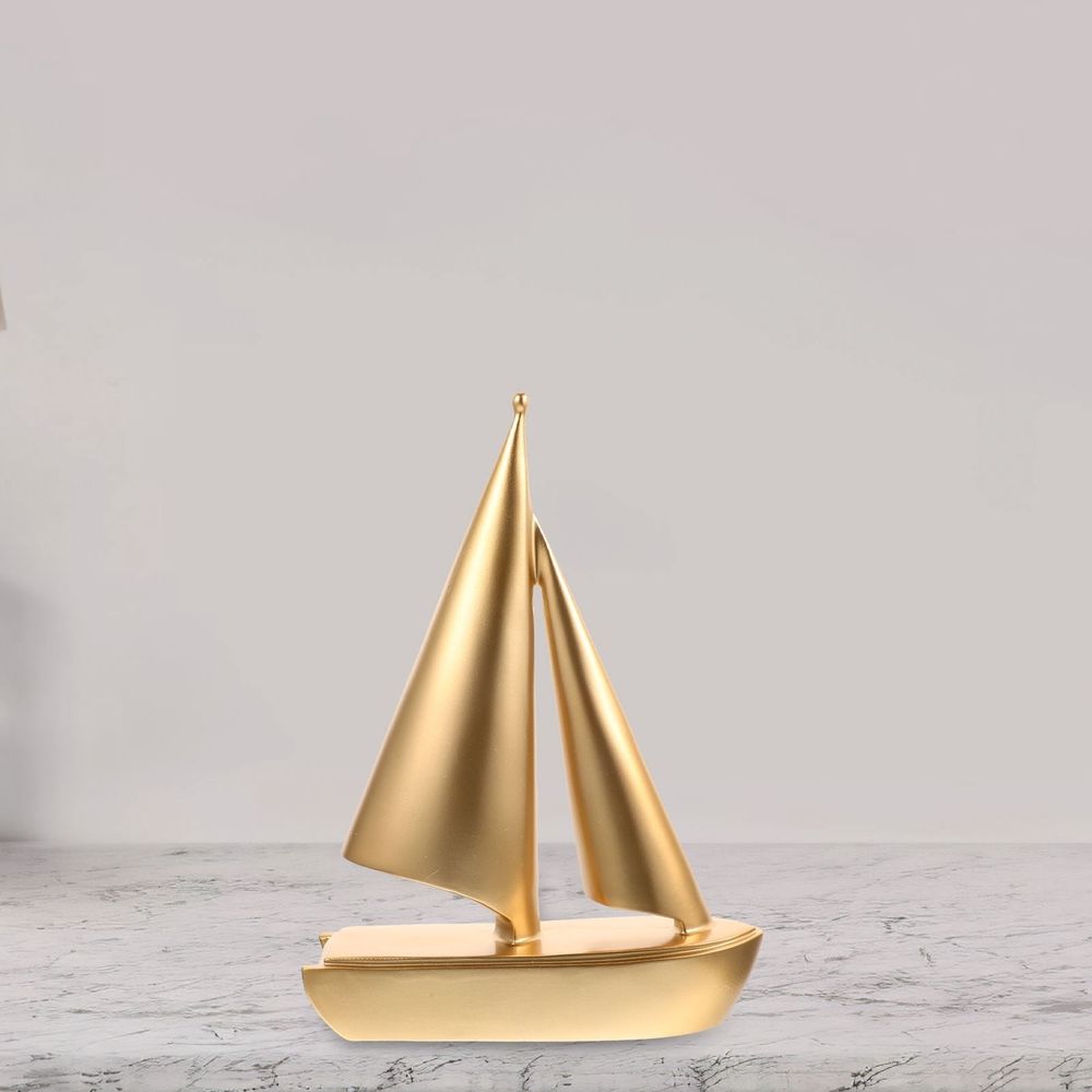 Golden Resin Sailboat Figurine for Home and Office Desk Decor, Nautical Interior Decoration, 6.3x4.7 Inches