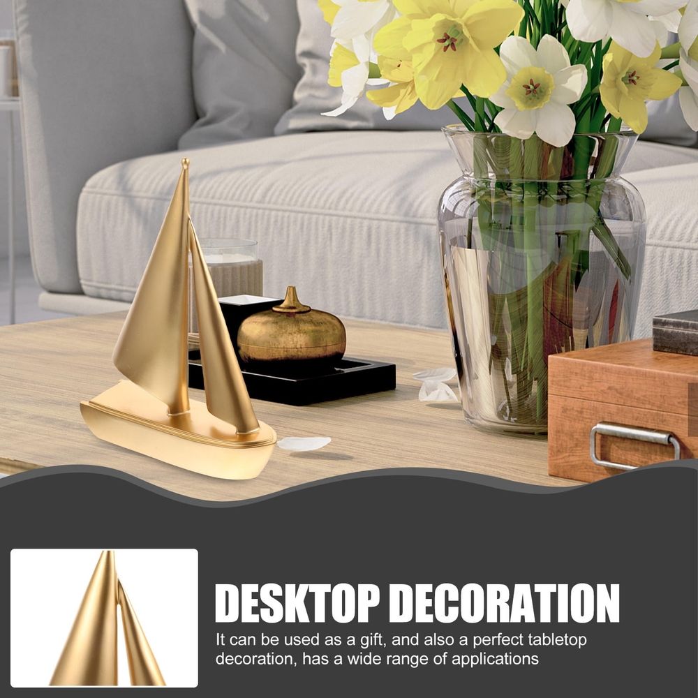 Golden Resin Sailboat Figurine for Home and Office Desk Decor, Nautical Interior Decoration, 6.3x4.7 Inches