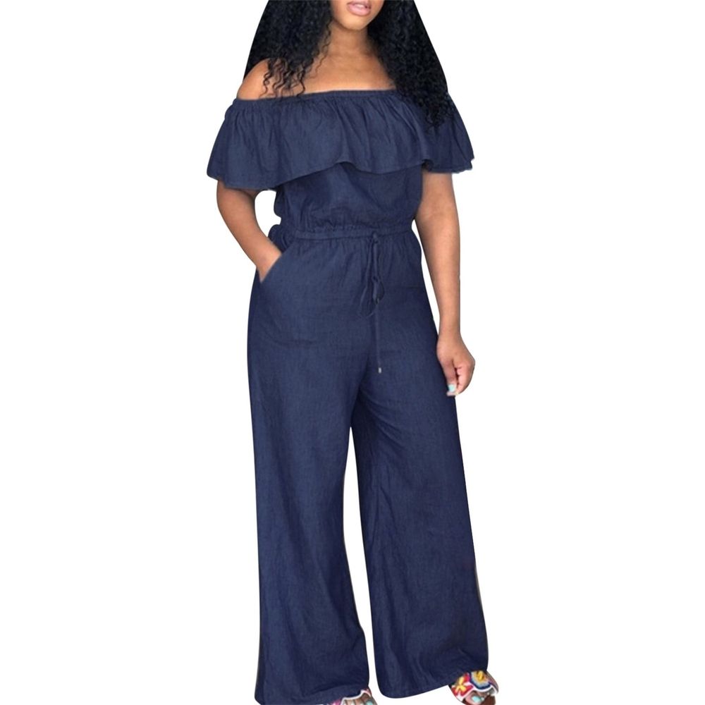 Plus Size Women's Solid Wide Leg Off Shoulder Denim Jumpsuits