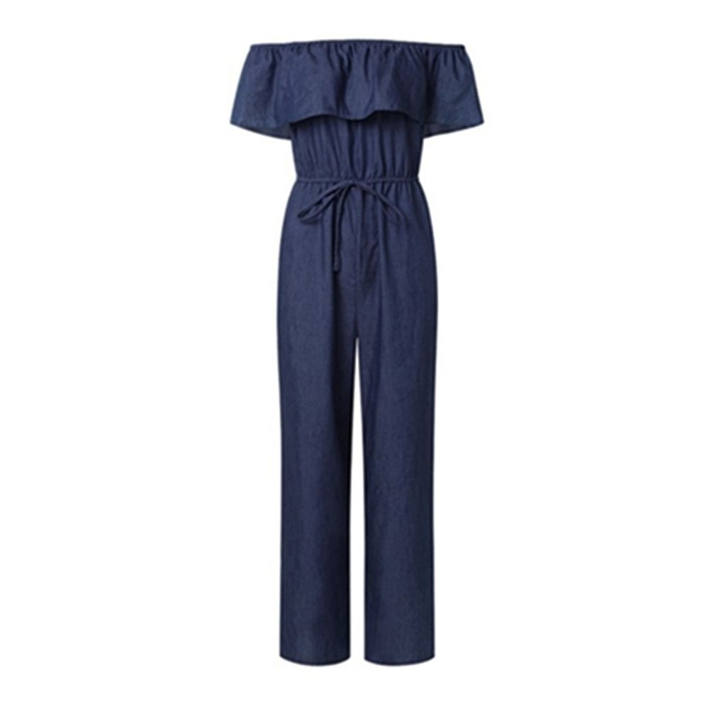 Plus Size Women's Solid Wide Leg Off Shoulder Denim Jumpsuits