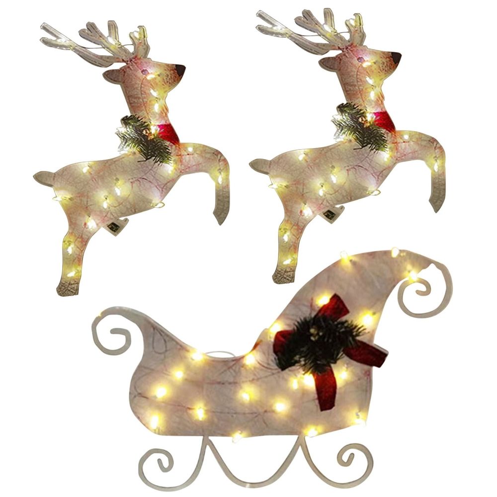 Set of 3 Lighted Christmas 2D Reindeers Outdoor Decorations, Light Up Xmas Santa Sleigh with Lights, Festive Holiday Front Door Garden Patio Yard Lawn Display