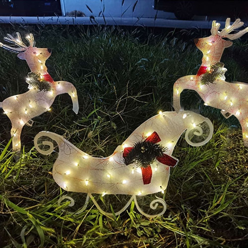 Set of 3 Lighted Christmas 2D Reindeers Outdoor Decorations, Light Up Xmas Santa Sleigh with Lights, Festive Holiday Front Door Garden Patio Yard Lawn Display