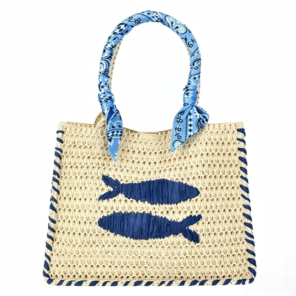 Ladies Straw Handbag with Fish Embroidery, Natural Woven Beach Tote, Bohemian Raffia Shoulder Bag, Lightweight Vacation Purse for Summer Travel