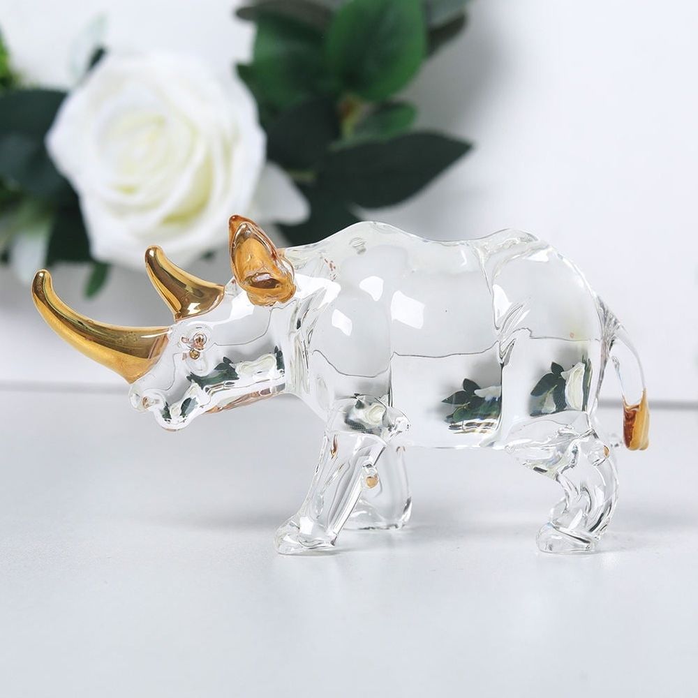 Transparent Crystal Rhino Sculpture Decorative Figurine for Desktop Home Office