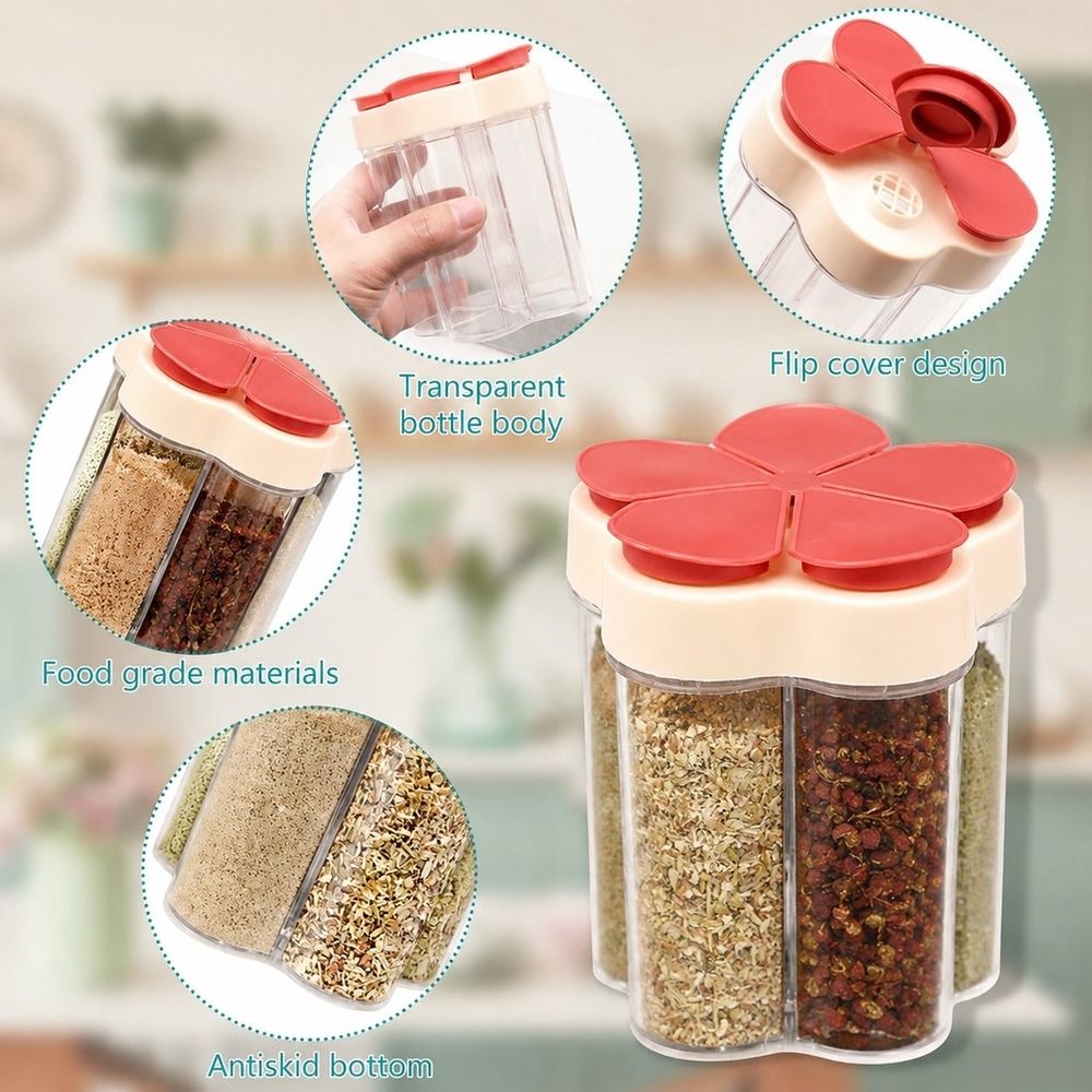 5-In-1 Portable Spice Container, For Home Kitchen, Kitchen Storage, Outdoor Camping Seasoning Storage,11*9cm,Red