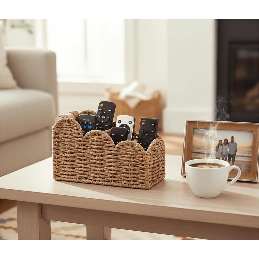 1 Pcs Handwoven Desktop Storage Basket, Boho Reusable Wicker Organizer ForStationery Cosmetics Snacks & Keys,8.26*3.93*5.51in