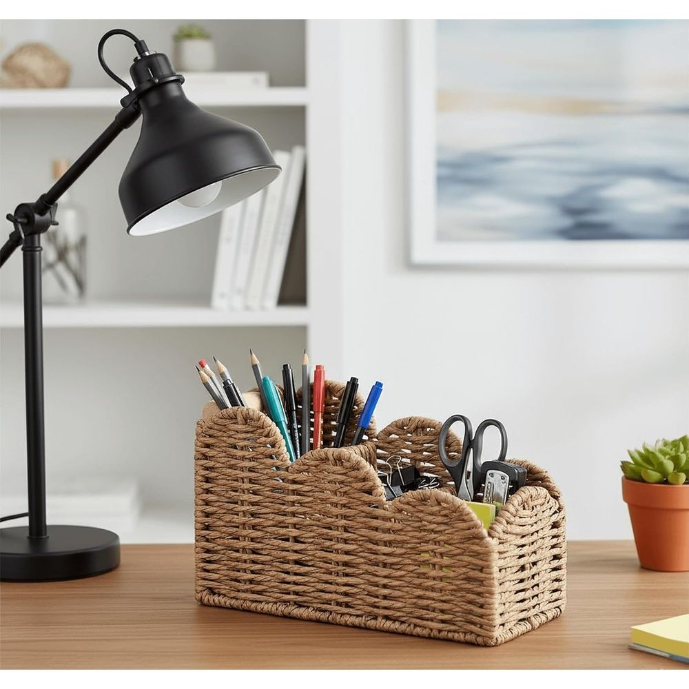 1 Pcs Handwoven Desktop Storage Basket, Boho Reusable Wicker Organizer ForStationery Cosmetics Snacks & Keys,8.26*3.93*5.51in
