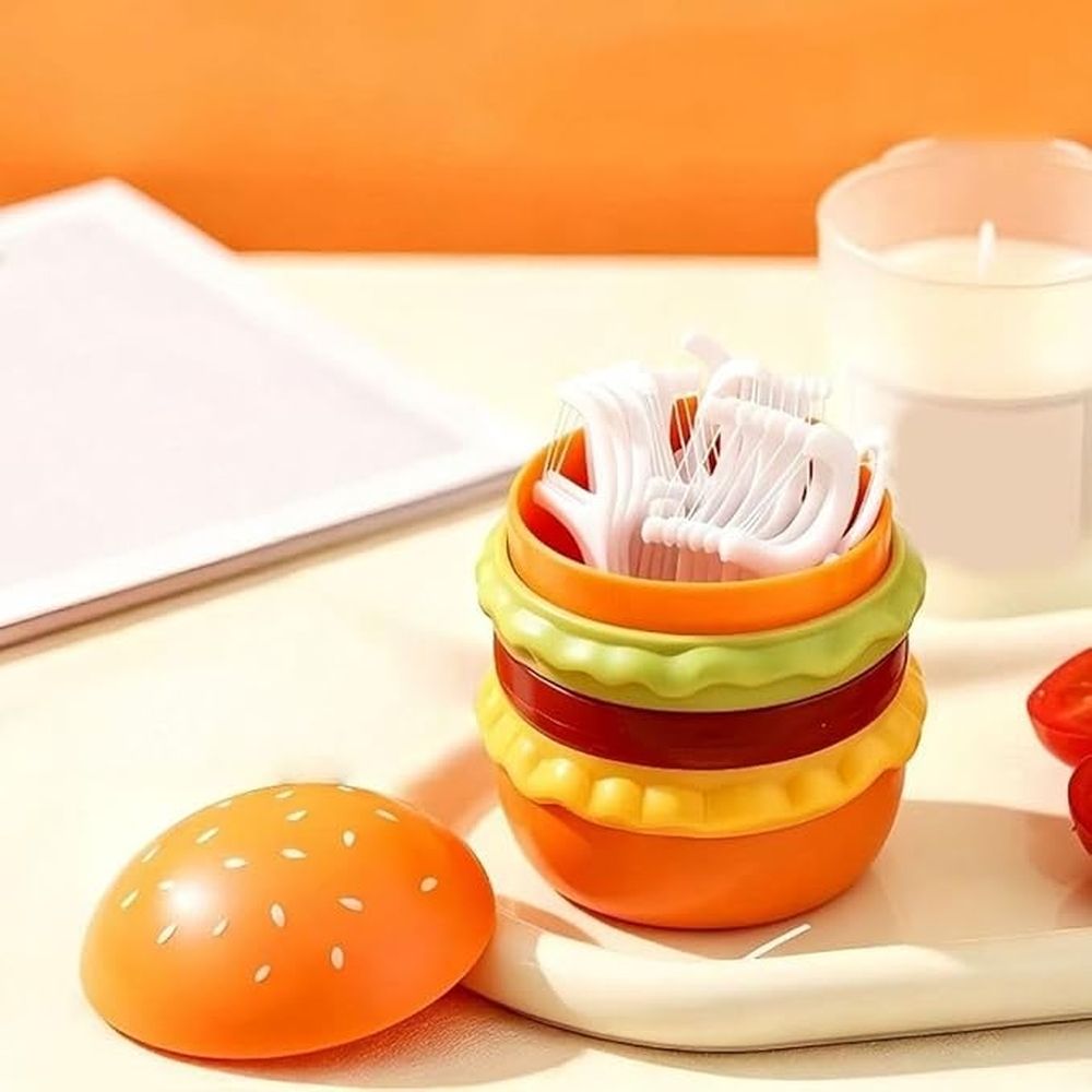 1 Pcs Hamburger Toothpick Holder With Lid, Dust-Proof Floss Storage Box,Fashionable Desktop Decor Cotton Swab Thread Storage Box,7*5.5cm