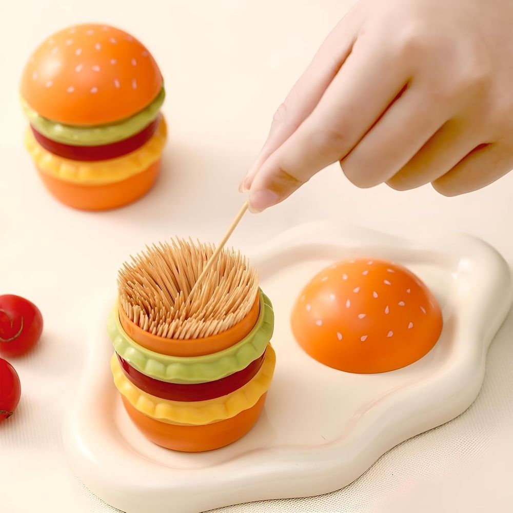 1 Pcs Hamburger Toothpick Holder With Lid, Dust-Proof Floss Storage Box,Fashionable Desktop Decor Cotton Swab Thread Storage Box,7*5.5cm