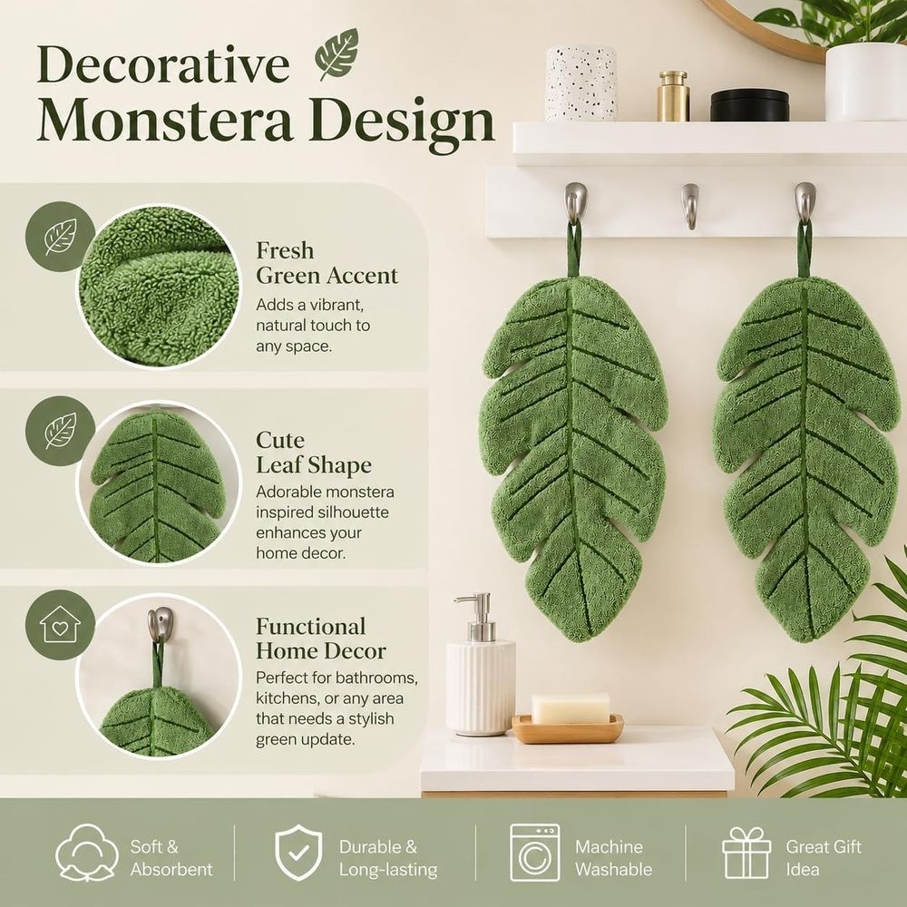 2 Pcs Leaf Shaped Towel Set, Soft Absorbent Hanging Towel,Suitable For Bathroom, Kitchen, Home Decor,Exclusive Gift For Plant Lovers,27*16cm