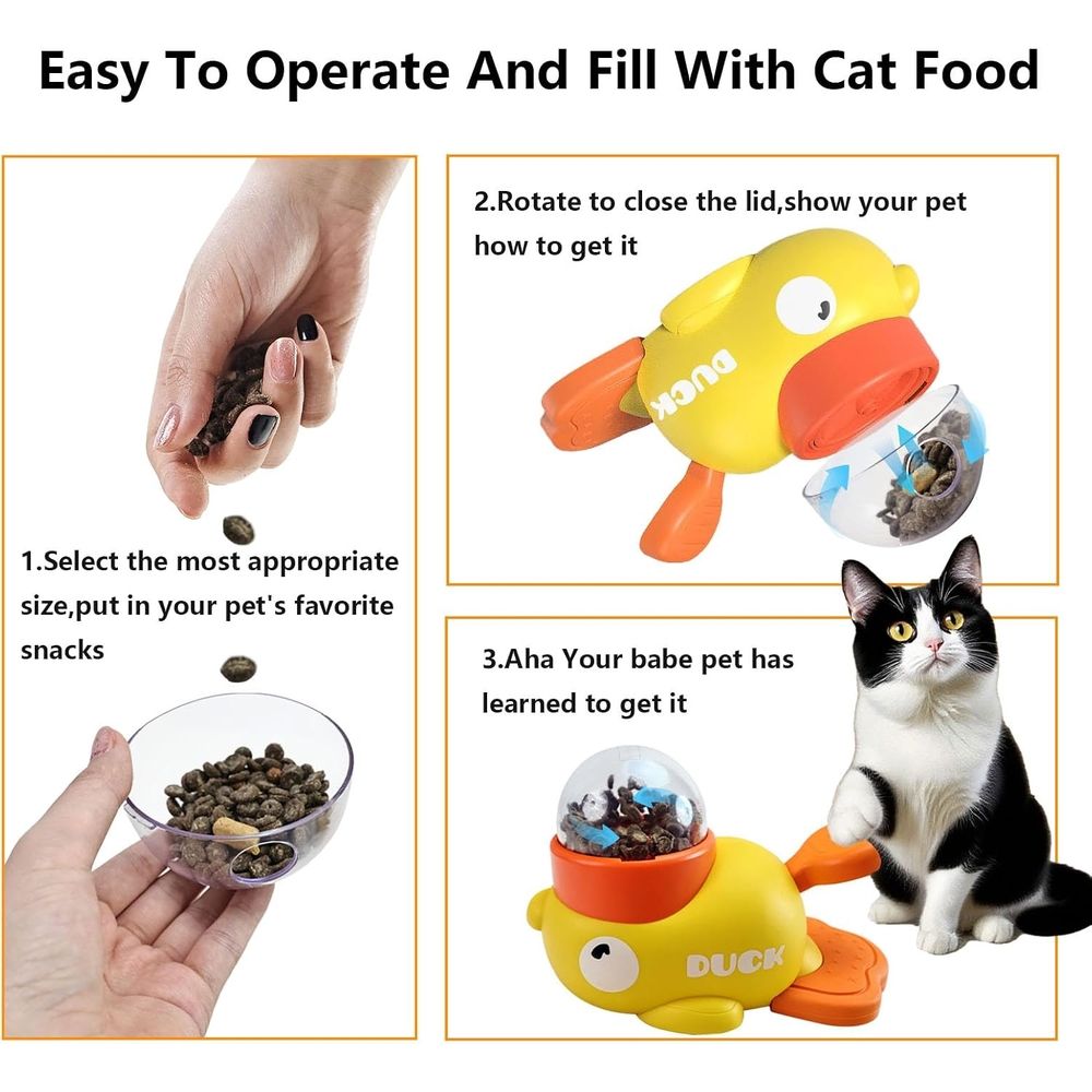 Yellow Duck Shaped Cat Treat Dispenser, Manual Push Interactive Pet Toy, Plastic Battery-Free Slow Feeder Training Toy,22*14cm,Yellow