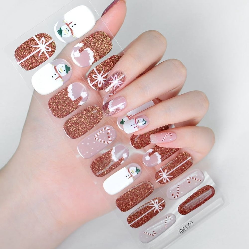 20Pcs Christmas Semi Cured Gel Nail Strips, Snowflake Winter Gel Nail Stickers Long Lasting Cute Glitter Snow Xmas Tree Holiday Semicured UV Nail Wraps for Women Girls
